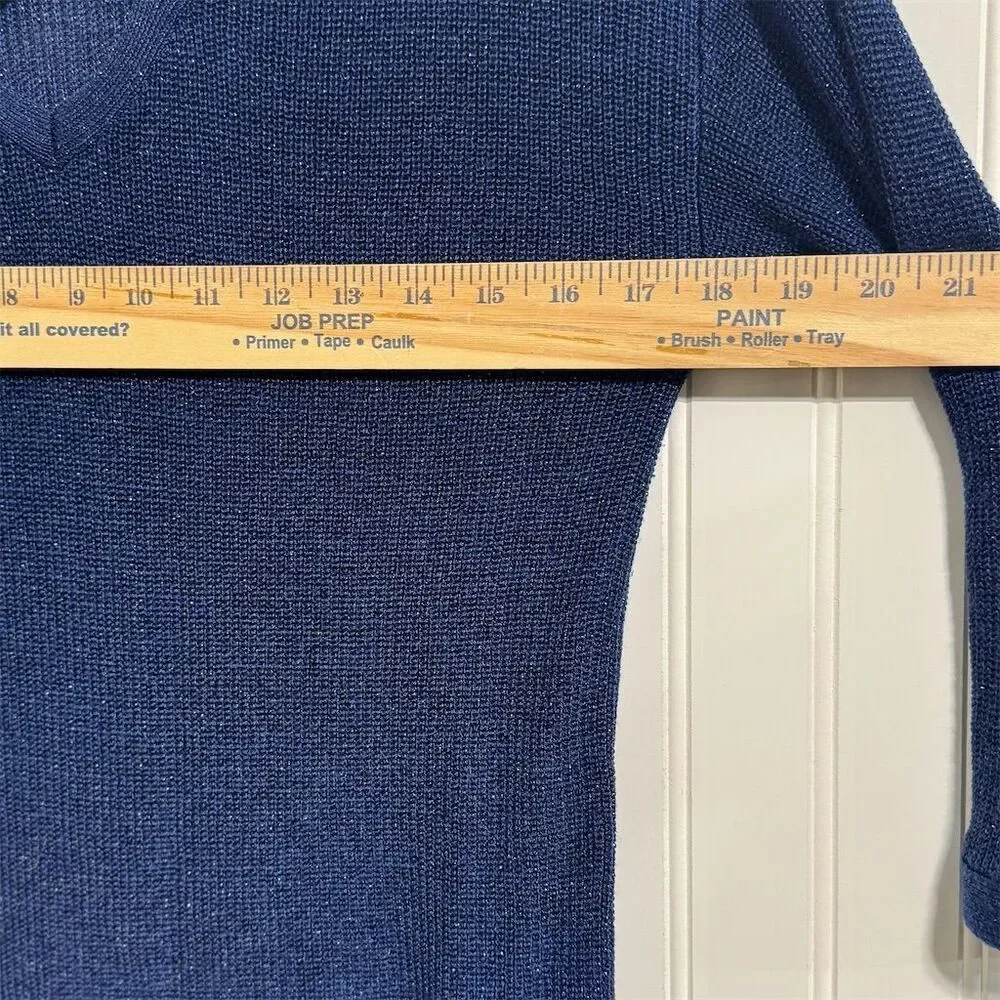 Westport 1962 Metallic Knit Top S Blue Shimmer Criss Cross V-Neck Sweater Blouse